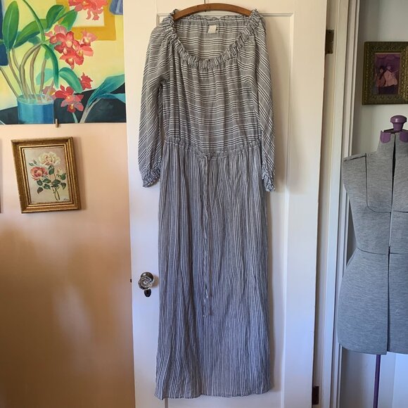 Malia Mills Seer Sucker Strip Maxi Dress Cover Up Off-the-shoulder Pockets Sz L - Picture 1 of 11